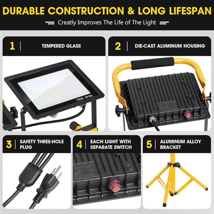 Zetunlo 21000Lumen LED Work Lights With Stand - 3 Head Portable Work Light With 16FT Cord - IP66 Waterproof best