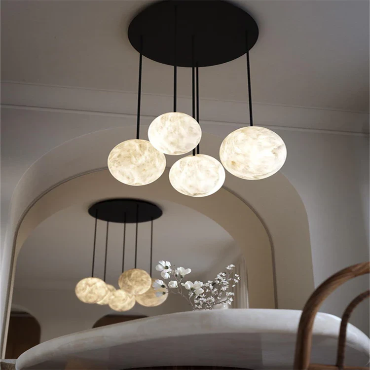 Modern Round Marble Pendant Lamp With Black Base Ceiling For Kitchen Island
